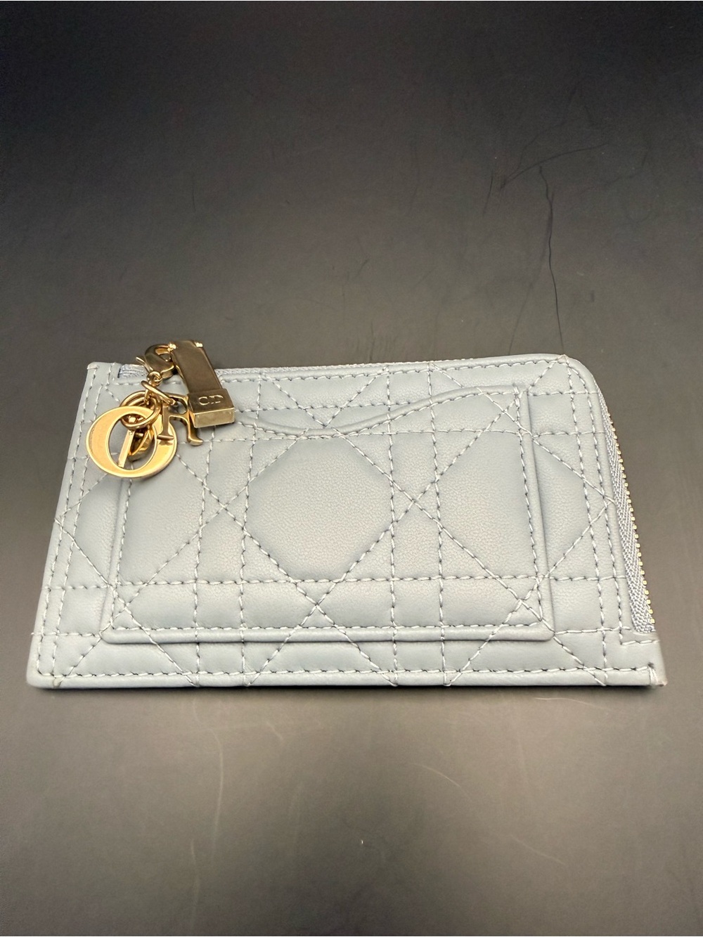 Dior Light Blue Quilted Leather Key & Card Holder with Gold Hardware